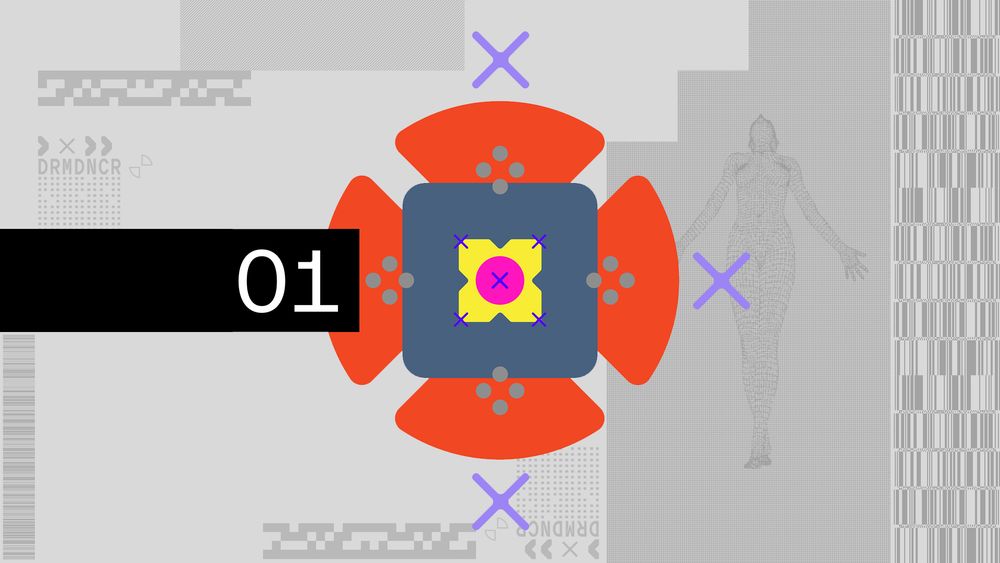 Wallpaper showcasing Marathon ARG DAC in the centre, it has purple crosses around the outside, an orange circle with a smaller yellow square inside it and an even smaller pink circle inside that