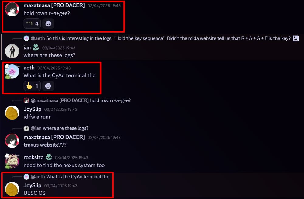 A screenshot of Discord answering questions about the CyAc terminal being on the UESC website
