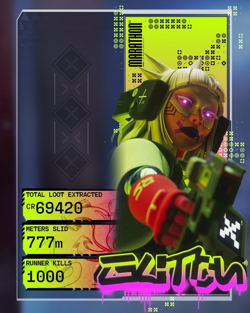 A fan made Apex Legends banner made to look like a collab between Apex and Marathon. The banner shows Glitch holding a pistol towards the camera, a pink and green gradient word type is present