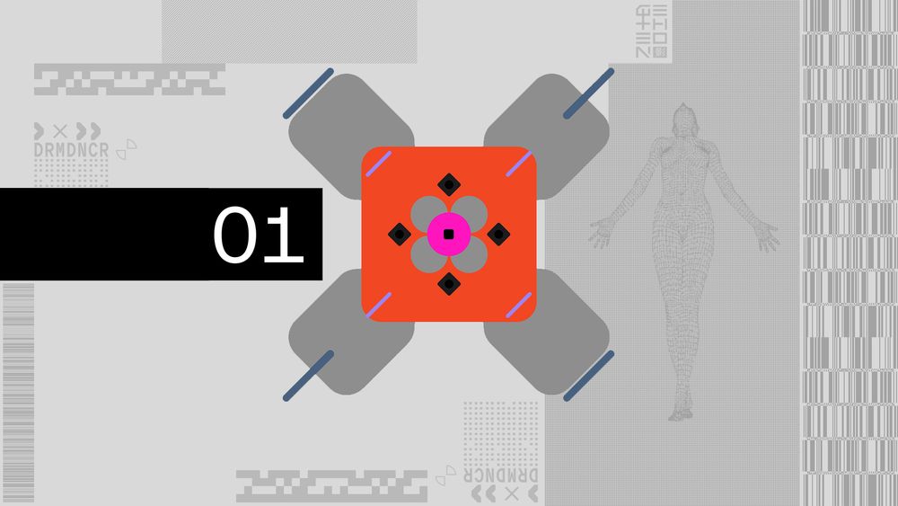 Wallpaper showcasing Marathon ARG DAC in the centre, it has a grey cross around the outside, orange square inside with a smaller grey flower shape and then an even smaller pink circle