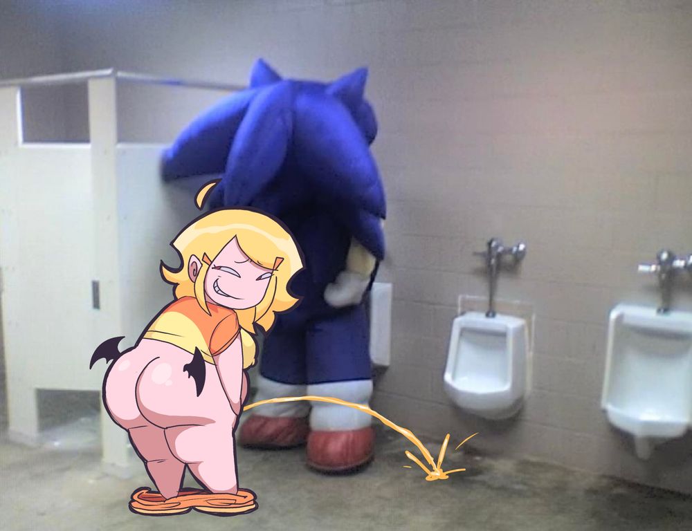 Sunny confidently grinning as she completely misses the urinal