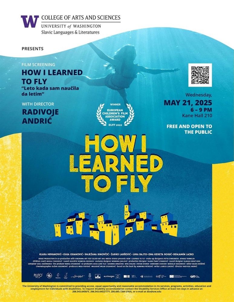 Girl swimming underwater. College of Arts and Sciences and Slavic Languages and Literatures presents: Film Screening: How I Learned to Fly with Director Radivoje Andric. Wednesday, May 21, 2025, 6-9 p.m. Kane Hall 210. Free and open to the public.