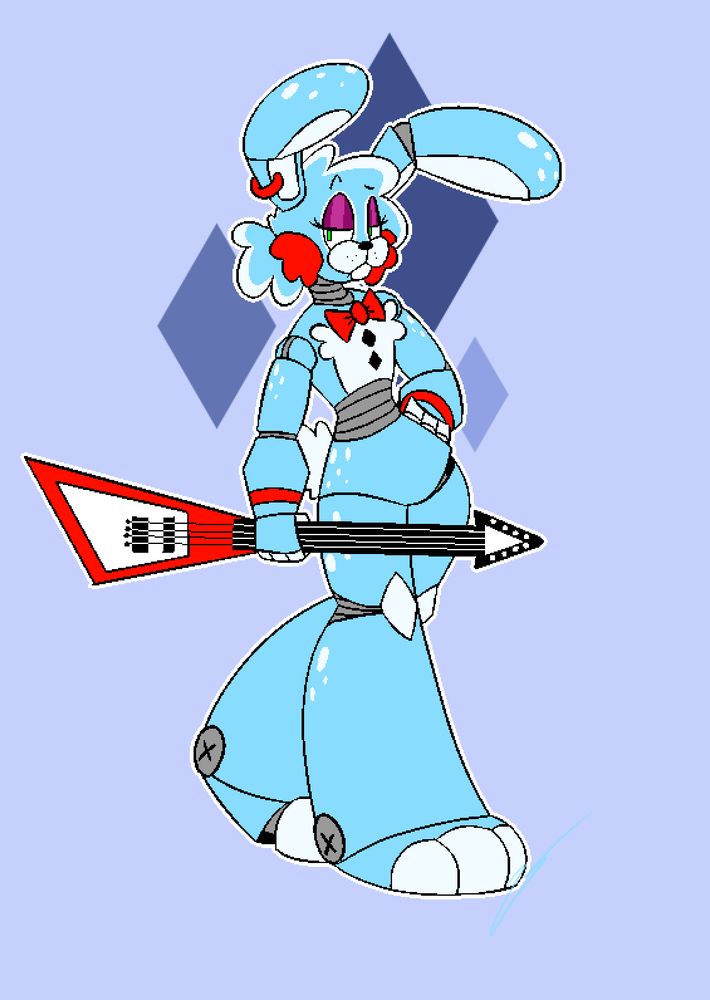 Toy Bonnie (FNaF 2) carrying his guitar and walking with an unamused expression