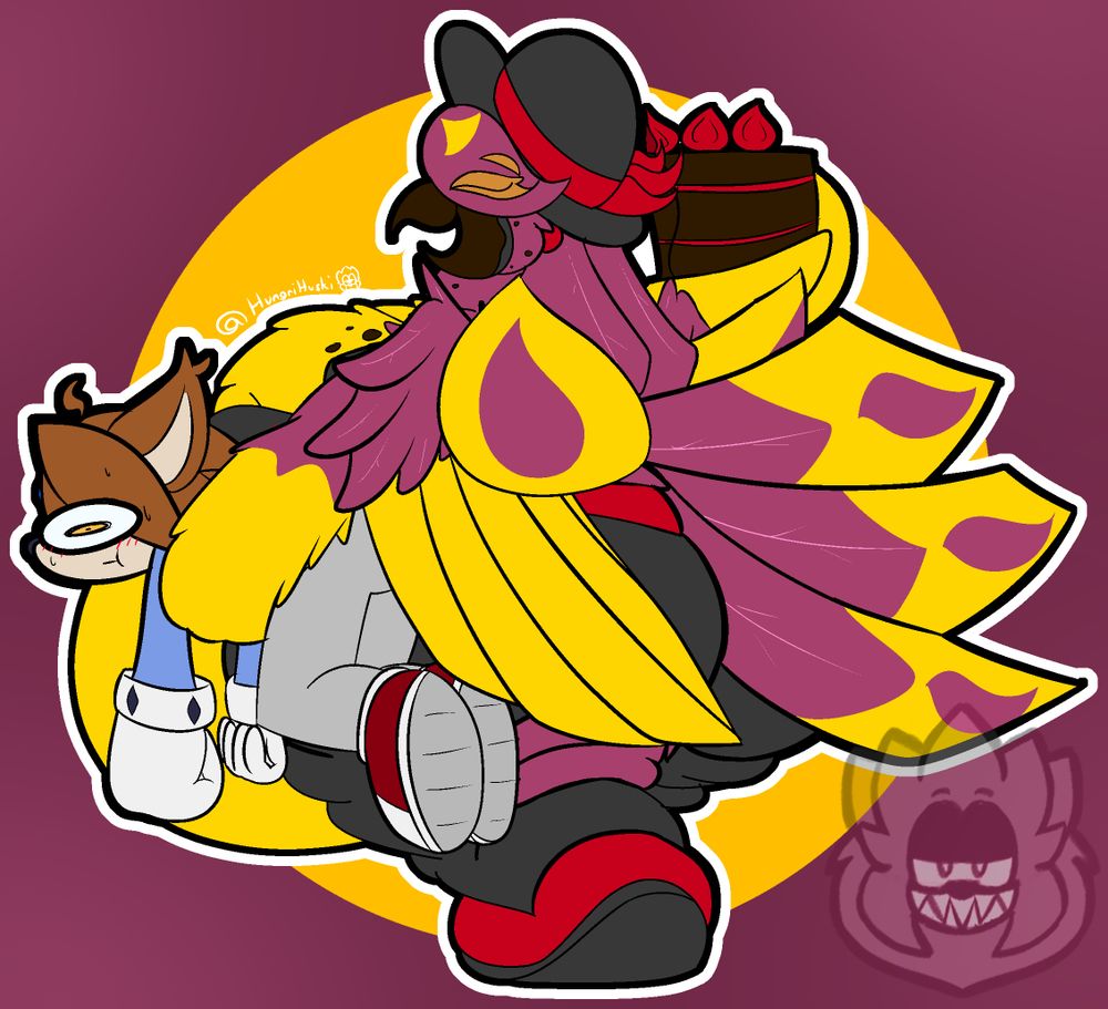 The purple and gold phoenix waddles forth, her face and the top of her breasts covered in chocolate and crumbs, her ass squishing and wobbling with each step, and her big feathery gut jutting out full of sweets, whilst she has a half eaten cake in one hand and her Lynx friend Ajax in the other, him frozen in admiration.