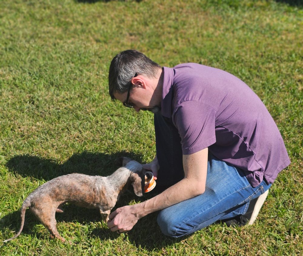 Adam kneeling in the grass feeding Barkley, an elderly dog, a cup of Popeyes mashed potatoes as they share a quiet, sunny moment together.

