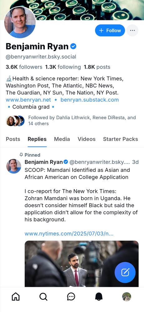 Showing Ben Ryan's decision to pin his tweet about his piece in the NY Times about Assemblyman Zohran Mamdani.