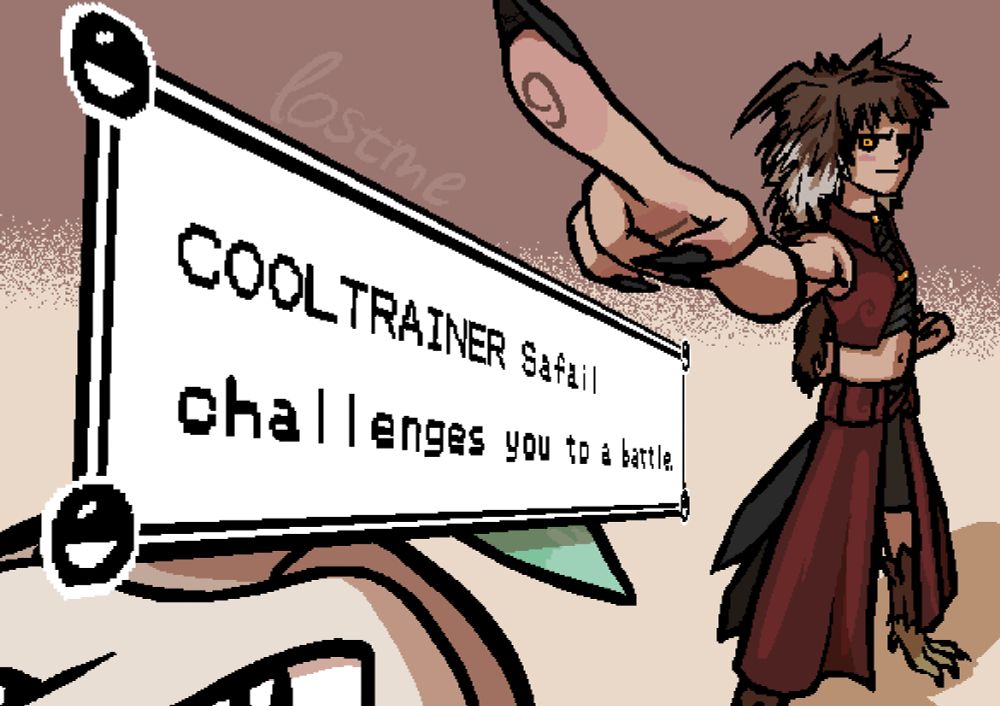 a drawing of a person challenging the viewer to a pokemon battle