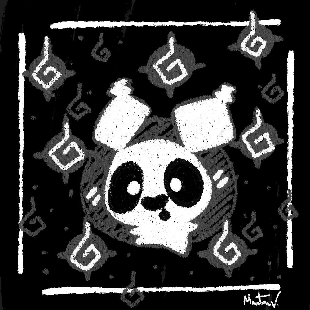 An adorable drawing of ghostly Pompom floating with a bunch of will o' wisps around him.