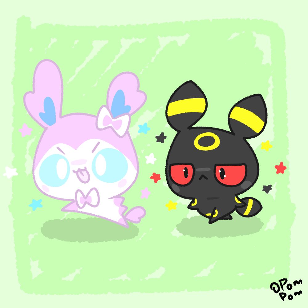 A drawing of a Sylveon and an Umbreon walking side by side together.