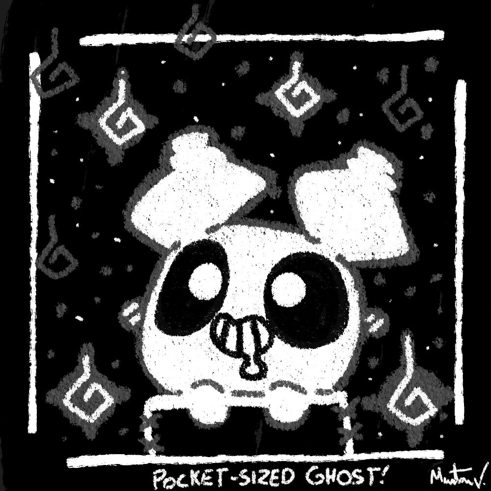 An adorable drawing of a ghostly Pompom inside of a shirt pocket smiling at people with a bunch of will o' wisps around him in a spooky black and white style.