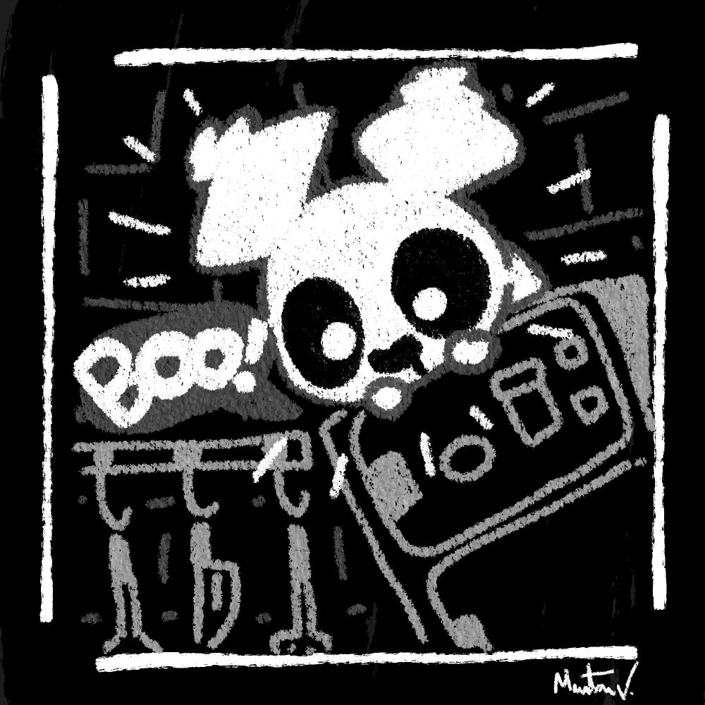 An adorable drawing of a ghostly Pompom on top of a fridge scaring the viewer from getting their 3am cheese.