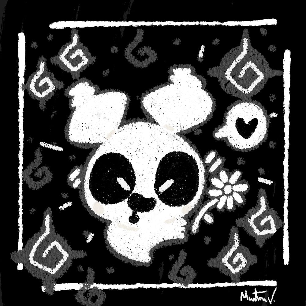 An adorable drawing of a ghostly Pompom holding a tiny flower and being very happy with it with a bunch of will o' wisps around him.