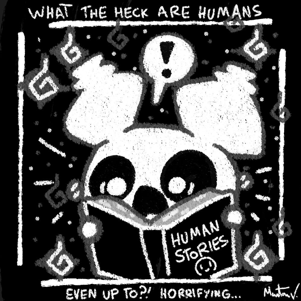 An adorable drawing of a ghost Pompom reading a book about human stories and being scared of what humans do in the living world in a cute black and white crayon-like style.