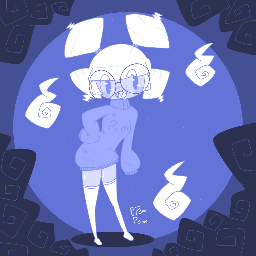 An adorable drawing of Pomgal, a ghostly girl with a blue turtleneck sweater, big thick glasses, long white socks and white hair in two ponytails with three will o' wisps surrounding her and a ghostly mist covering the corners.