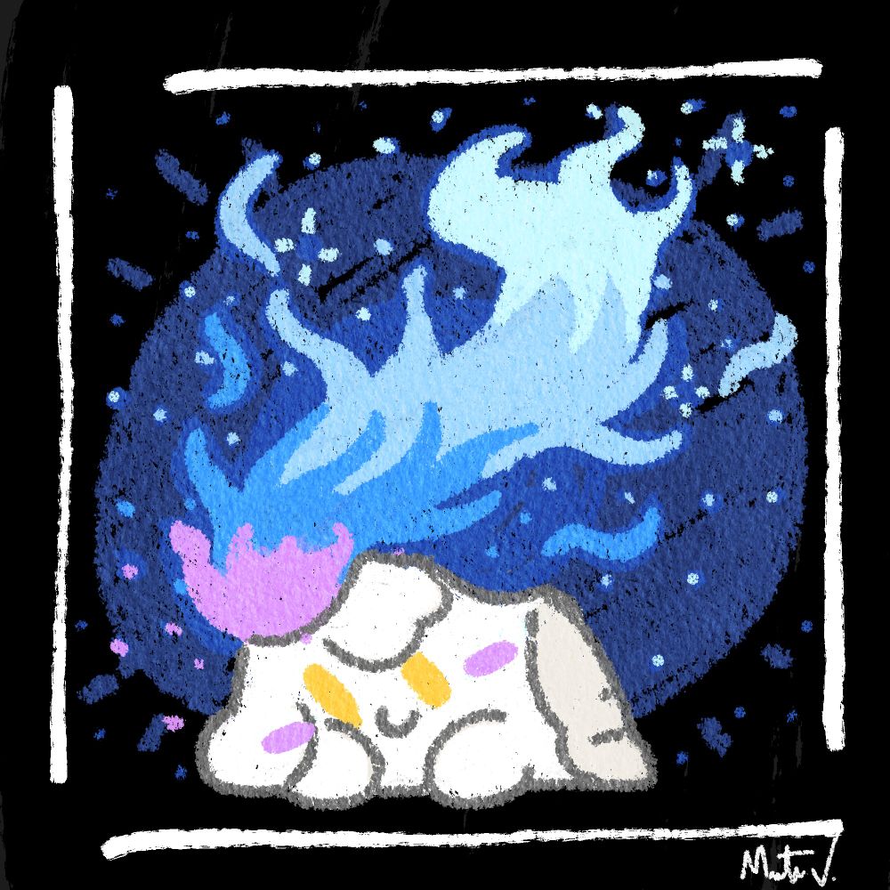 An adorable drawing of a Litwick letting his flames go wild and watching it before going to sleep.