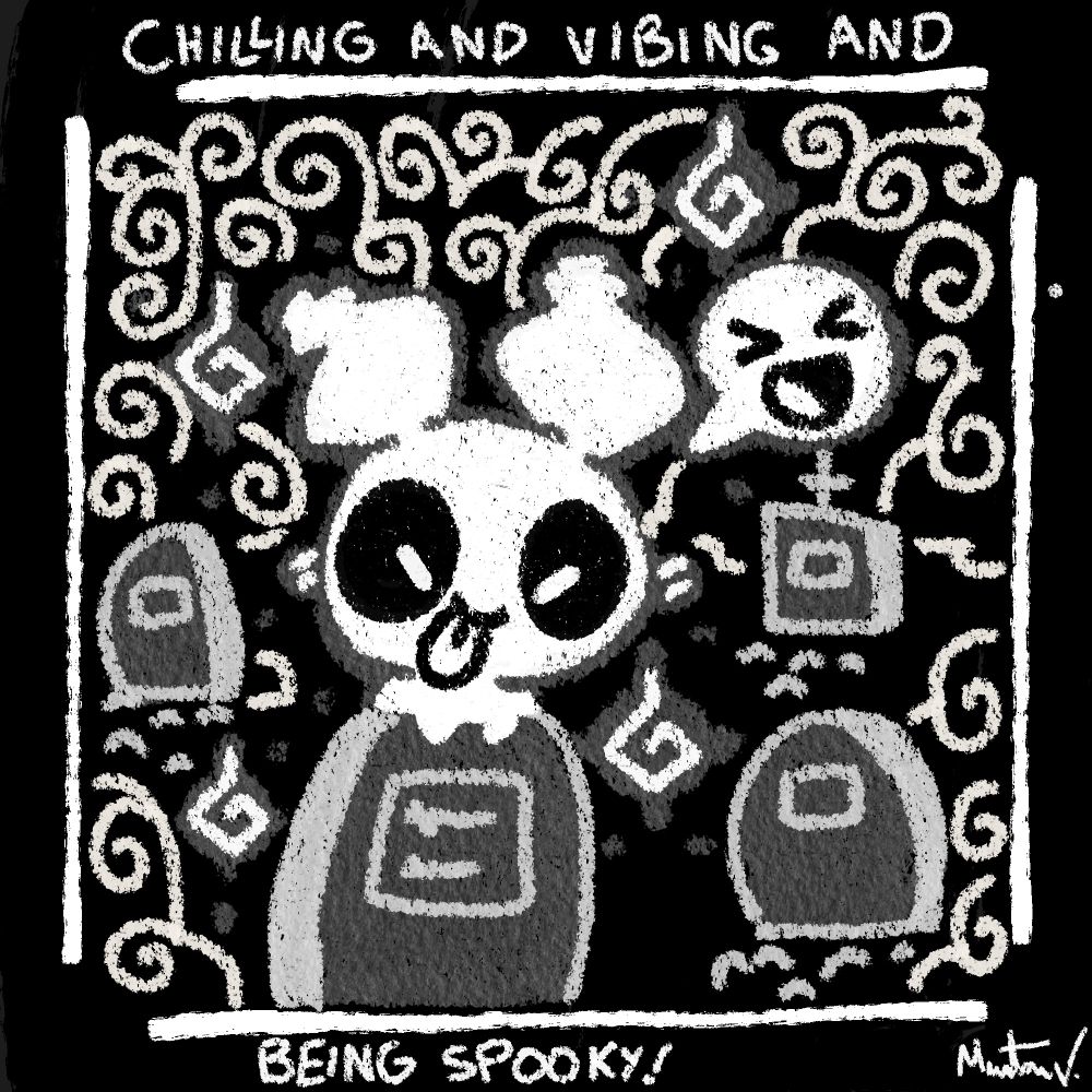 An adorable drawing of a ghostly Pompom sitting on graveyard stones while a fog takes the background and laughing to himself.