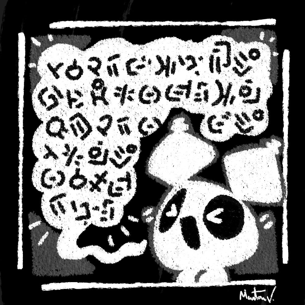 An adorable drawing of a ghostly Pompom talking with a big speech bubble with lots of weird cryptic signs.