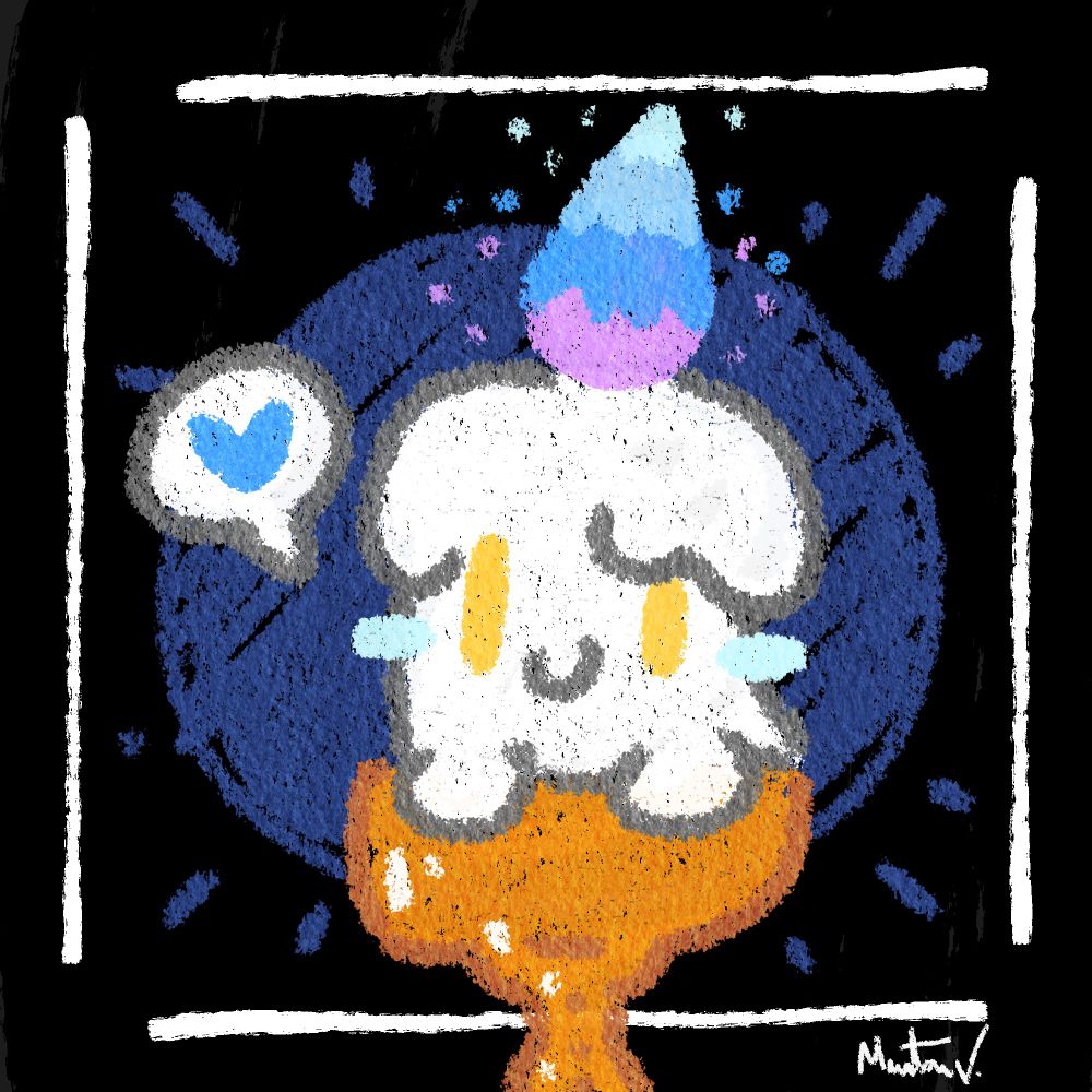 An adorable drawing of a Litwick sitting in a candle holder being happy.