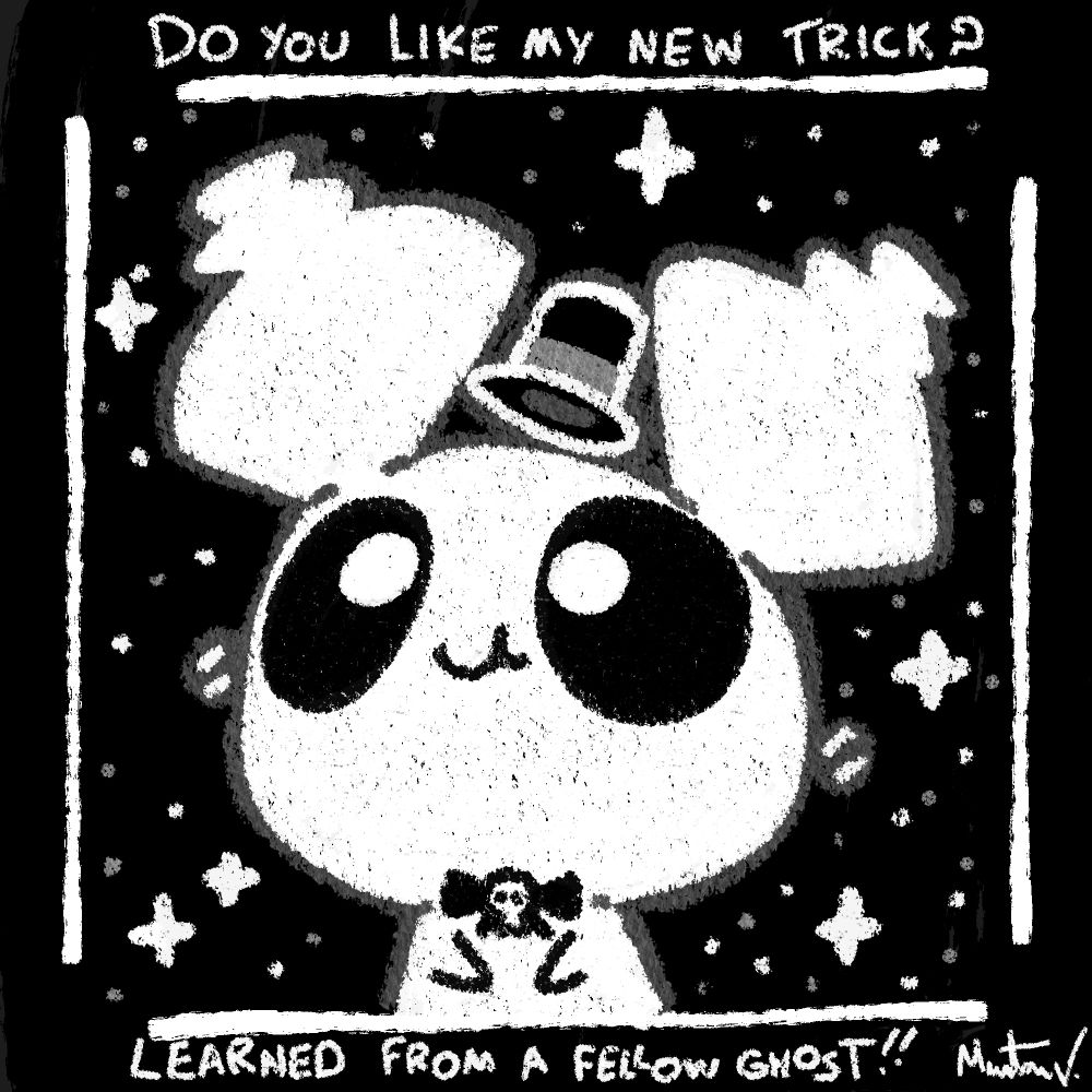 An adorable drawing of a ghost Pompom with a tophat and a bow tie, showing off his trick of looking fancy.