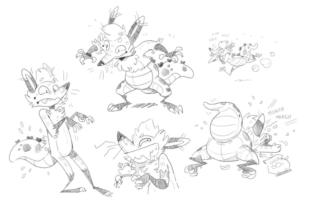 A serie of sketches of a blend between a kobold and a fox, doing mischievious things such as eating all the chips and running away.