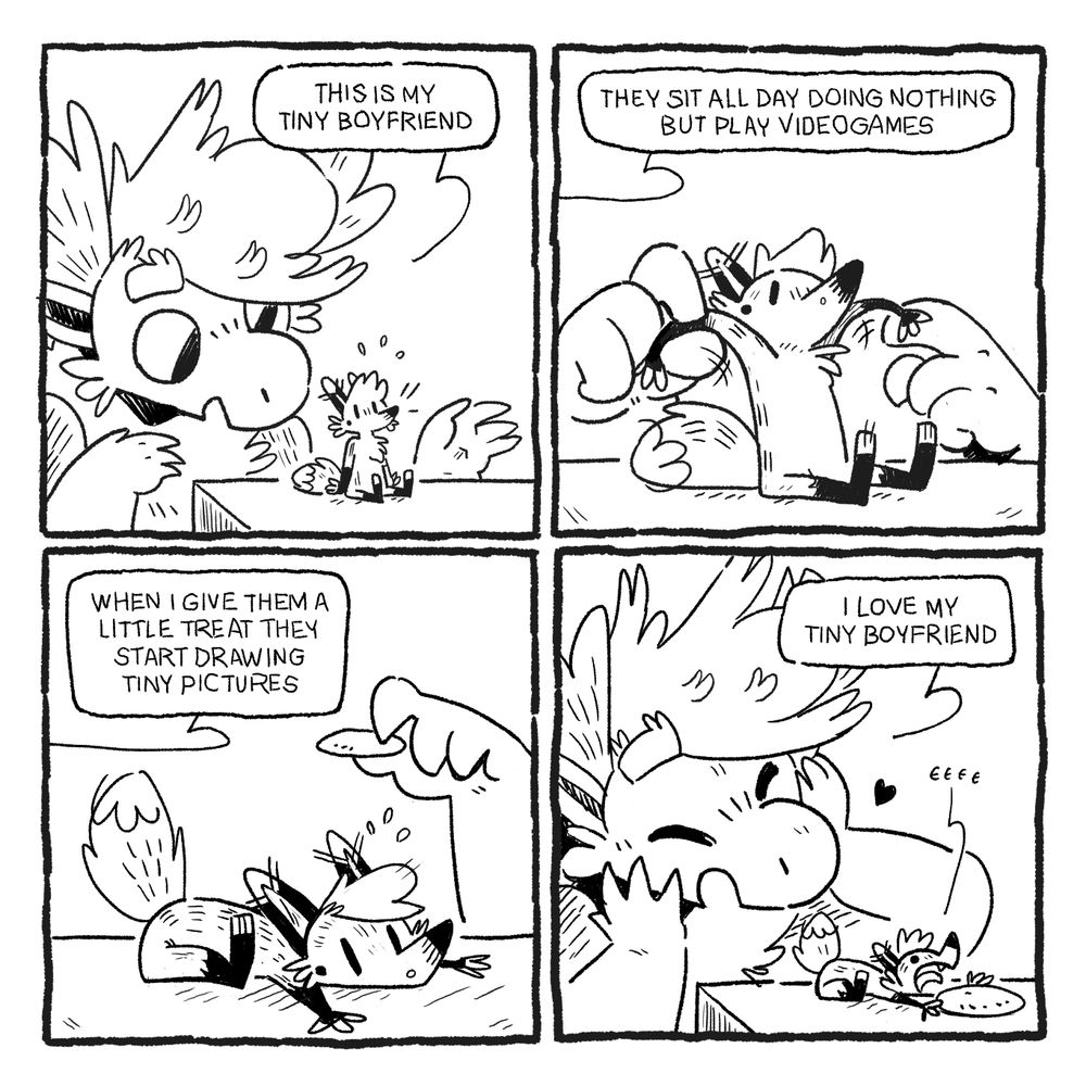 A 4 panel comic where big Djahai showcase their tiny fox boyfriend, giving them a little treat and telling them they love them.