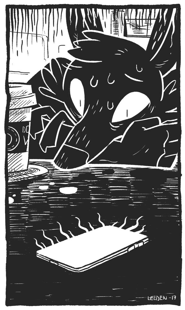 A fox or coyote person sitting at a restaurant bar, a cup of coffee next to them. They look intensly at their phone in front of them. It seems to radiate an unsettling light.