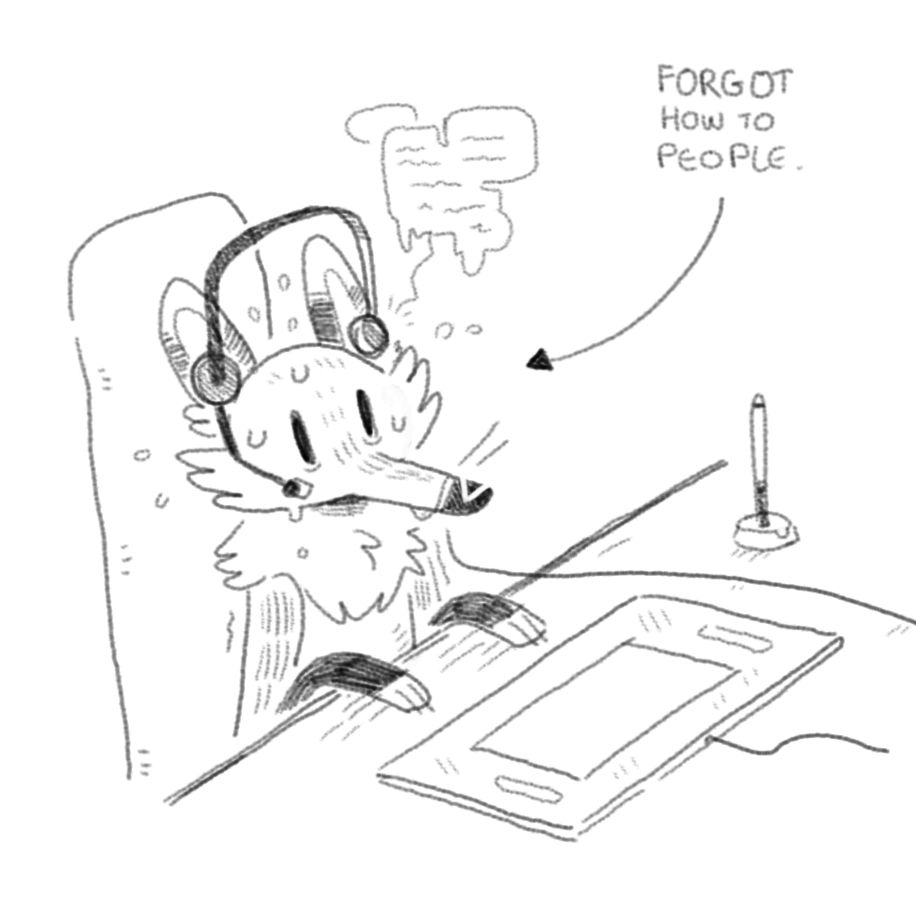 Poor feral fox artist at their desk listening to a meeting call and not knowing how to behave, for they have forgotten how to act like people.