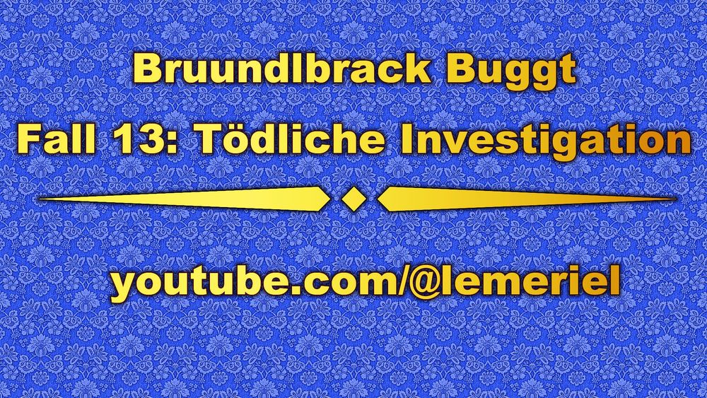 Das Bild zeigt im Hintergrund eine blaue Blumenornamenttapete. Im Vordergrund steht in gelber Schrift „Bruundlbrack Buggt – Fall 13: Tödliche Investigation" und der Link zum YouTube-Kanal youtube.com/@lemeriel.