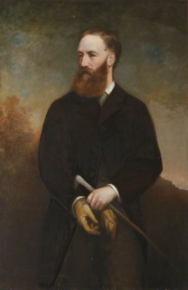 Oil painting of a man with a reddish beard and hair. He holds a riding crop, and is putting on gloves.