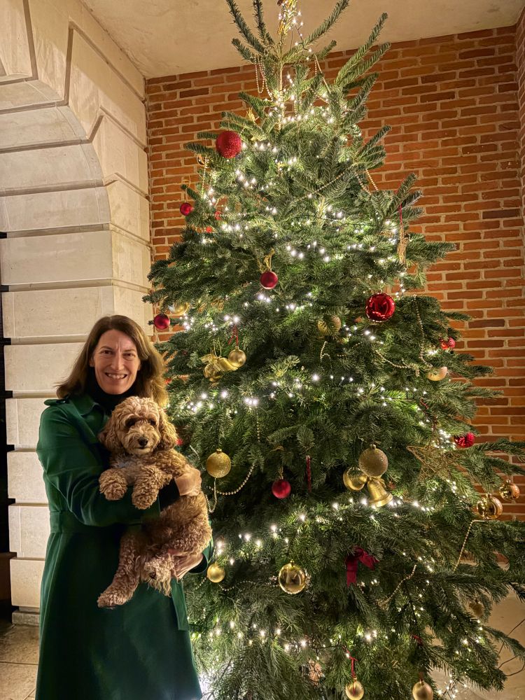 A woman in a dark green coat holding a dog in front of a christmas tree
