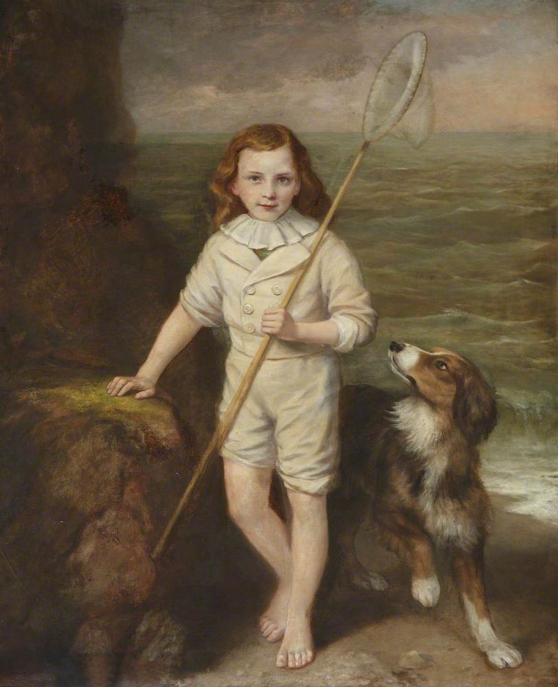 Oil painting of a young boy in a sailor suit with a white lace collar. He holds a child's fishing net, and stands next to a dog.