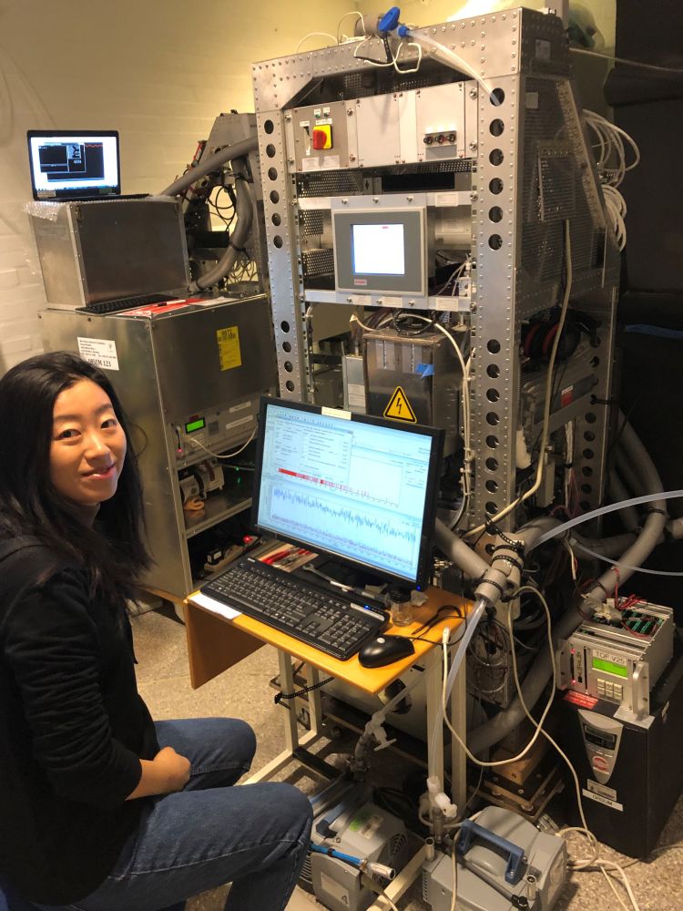 Researcher Nijing Wang measuring human-emitted VOCs using proton-transfer-reaction mass spectrometry during an indoor air campaign at DTU - Technical University of Denmark. 
