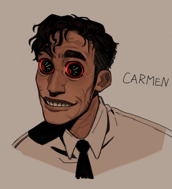 A colored sketch of Carmen, only down to the shoulders. His eyes are red circles that mimic a camera lense, they are looking down and to his right. There are flecks of green in his eyes. He has a wide toothy smile.
