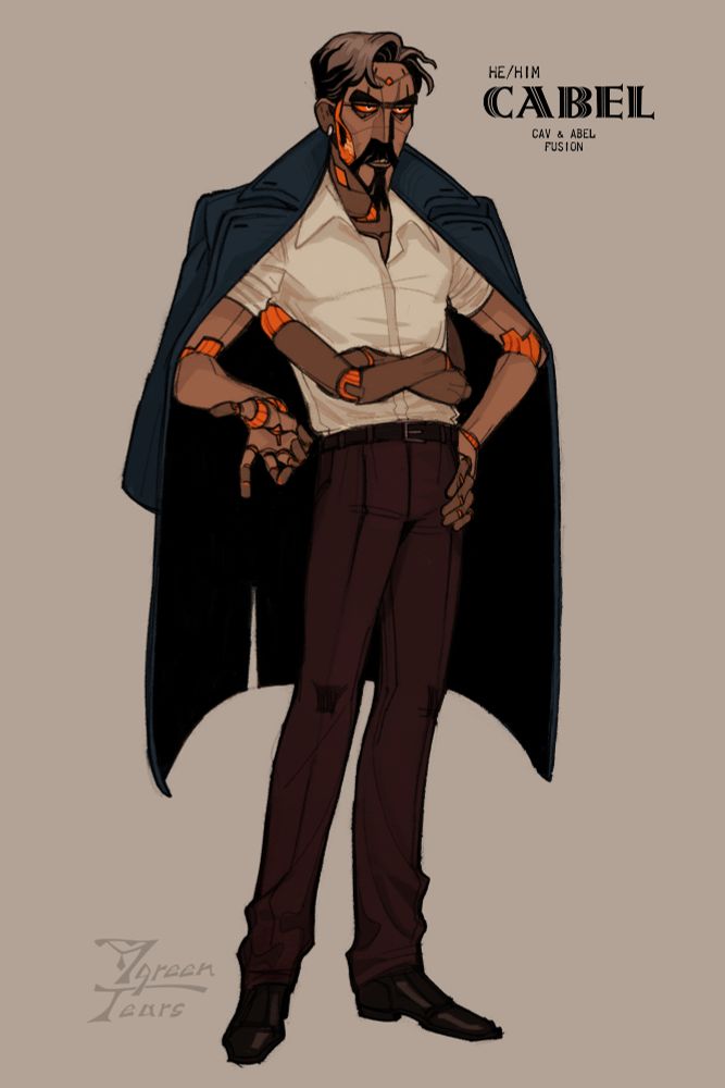 A full body colored sketch of Cabel who is drawn as a wooden automaton. His face and four arms are segmented that reveal orange cords in his joints. He stands with one hand on his hip and the other vaugely gesturing infront of him. His smaller arms are folded. He wears a navy blue coat over his shoulders, a white button up with rolled up sleeves, brown pants, and black shoes.