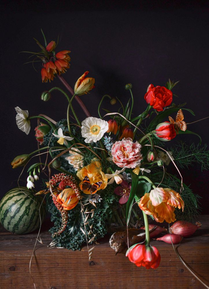A still life photograph of a spring floral arrangement with a watermelon, shallots, butterflies, and a Hermit Thrush, all against a dramatic dark background.