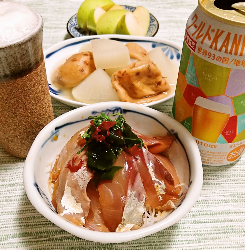 夕飯　ヅケ刺身
dinner, Zuke sashimi!