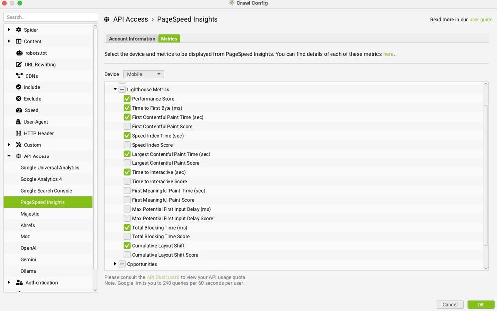 check PageSpeed Insights via Screaming Frog