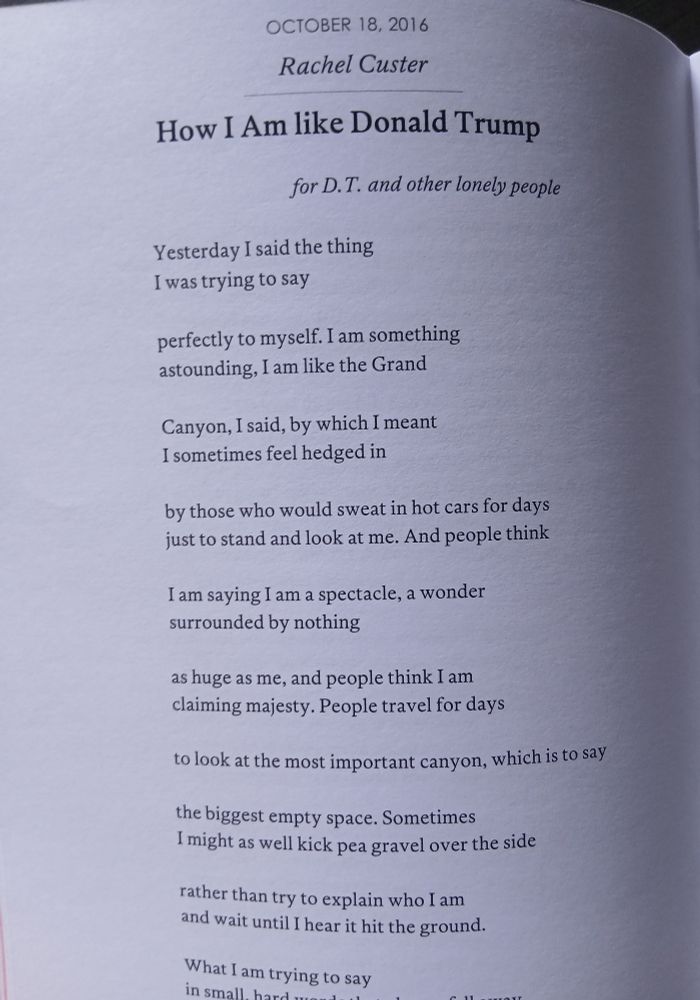 "How I Am Like Donald Trump", a poem by Rachel Custer from Rattle Poets Respond anthology.