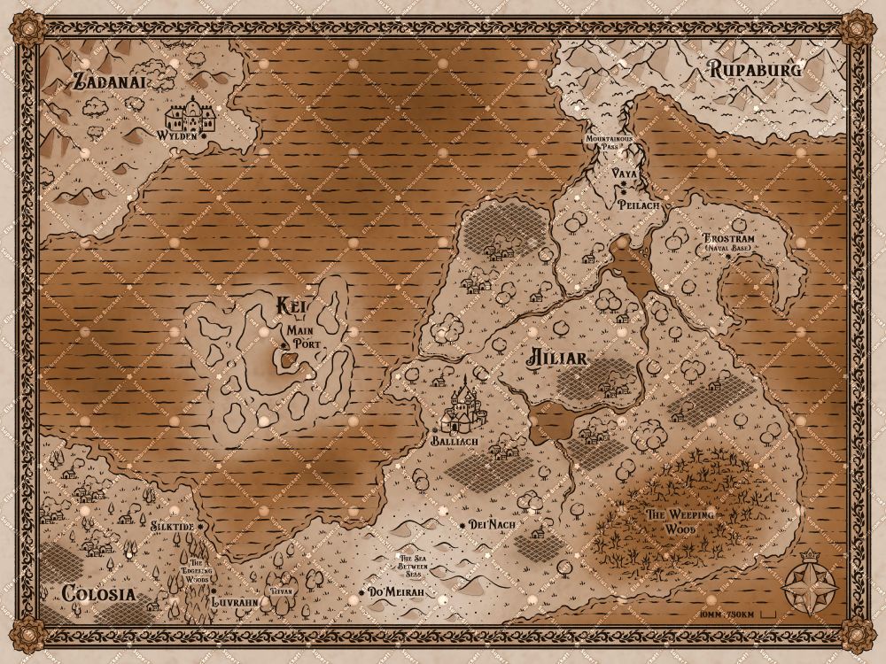 Brown/Sepia-toned fantasy map of the land masses from Bloodstone and Dandelions by Elle Brockett.