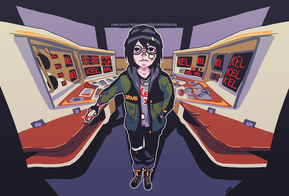 dr kel from voices of the void standing in the alpha signal observatum research room. he has a drive in his hand. the screens all show the name "kel"