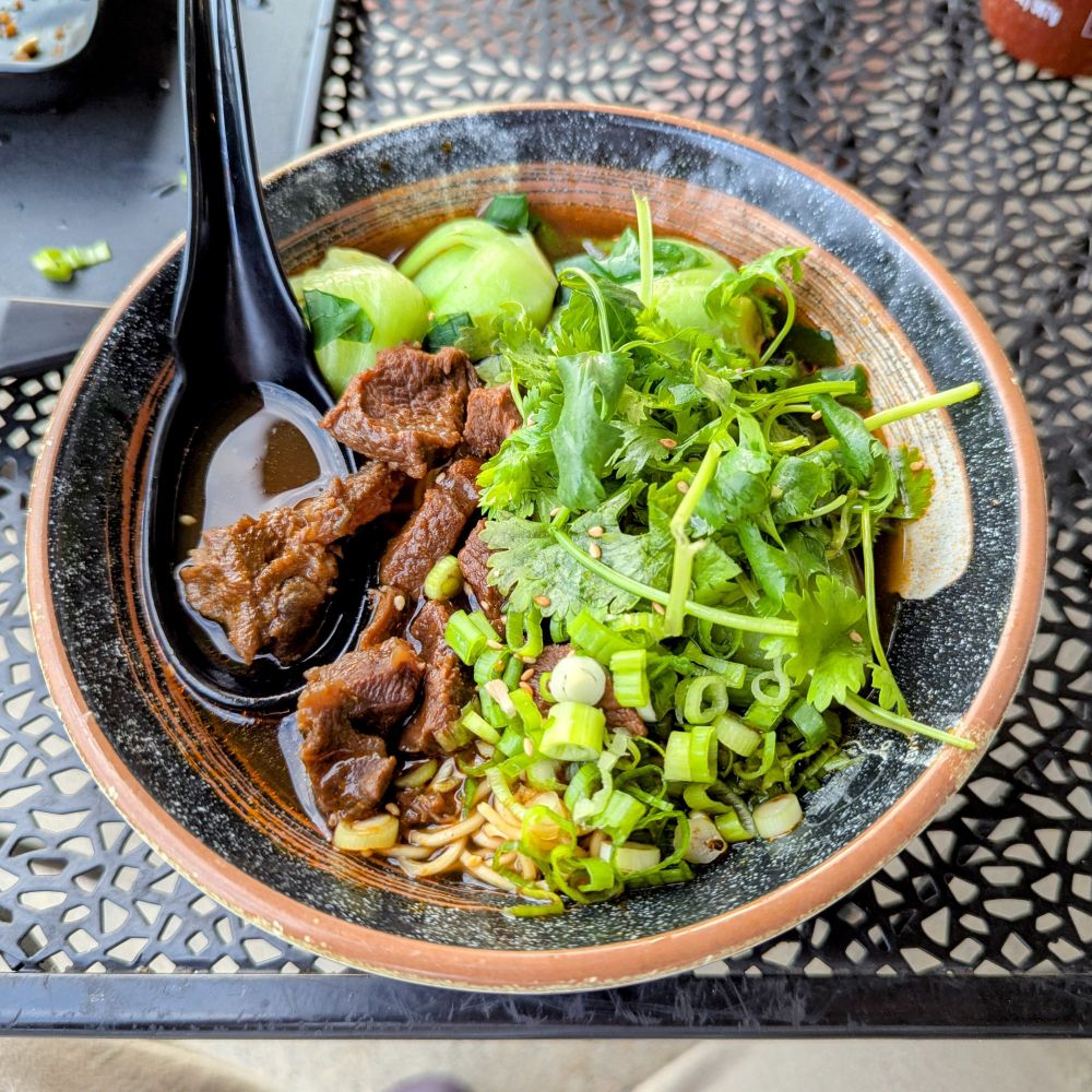 a bowl of spicy beef ramen with bok choy, green onions, and cilantro 