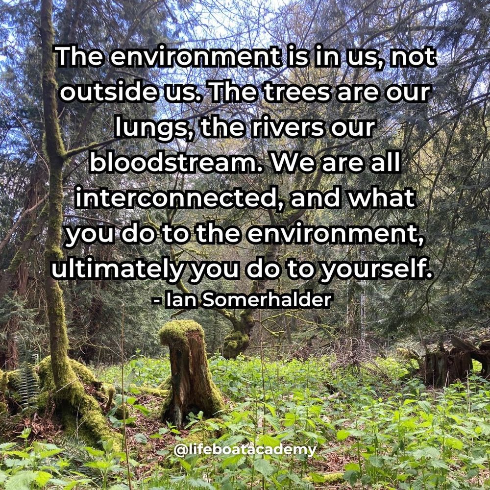A social post from @lifeboatacademy which says: "The environment is in us, not outside us. The trees are our lungs, the rivers our bloodstream. We are all interconnected, and what you do to the environment, ultimately you do to yourself." — Ian Sommerhalder 
