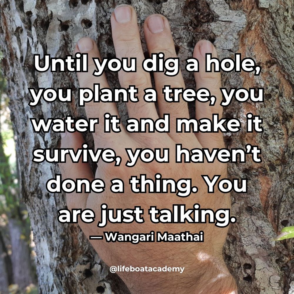 A social post from @lifeboatacademy which says: "Until you dig a hole, you plant a tree, you water it and make it survive, you haven’t done a thing. You are just talking." — Wangari Maathai 