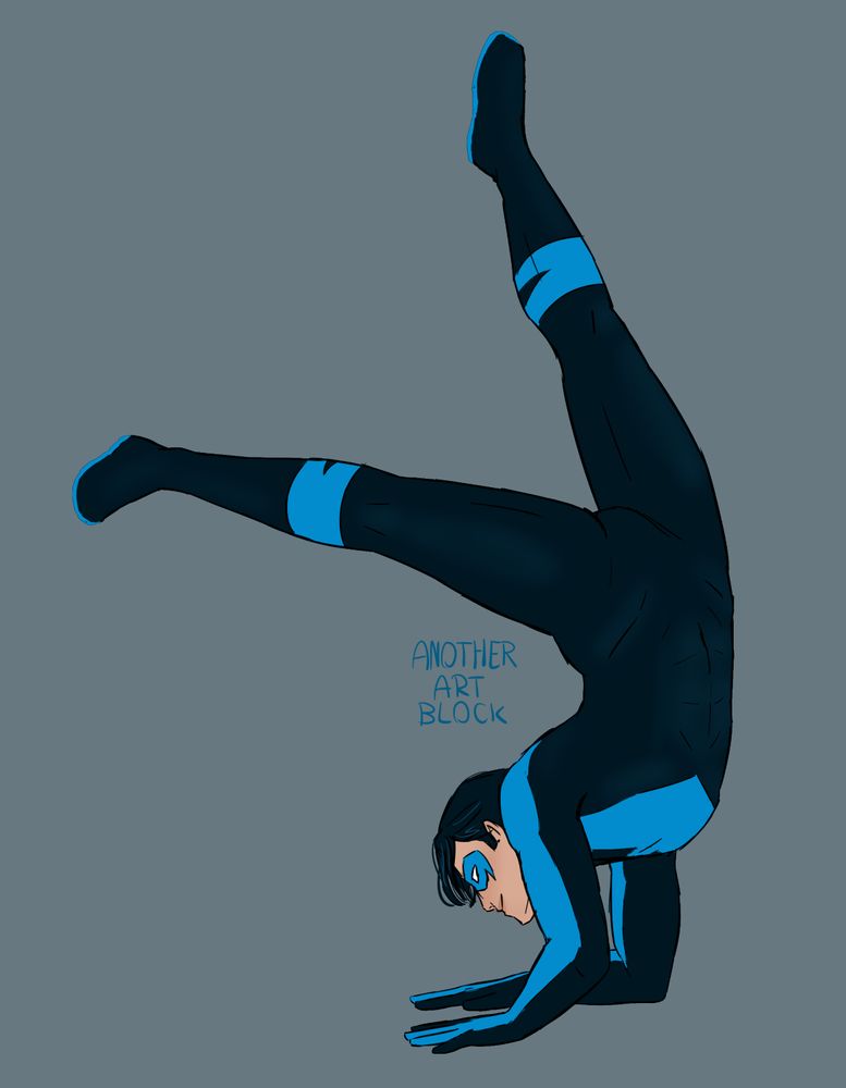 A drawing of DC character Nightwing. He's holding himself up on his forearms, with his legs up in the air. 