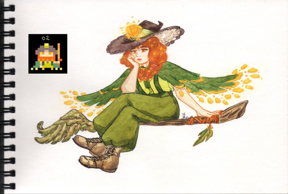Watercolor illustration of a messanger witch sitting on her winged magic staff looking at the viewer disgruntedly. She's dressed practically with a feathered hat casting a shadow over her face, while the flower shaped lantern on it lights the way ahead.