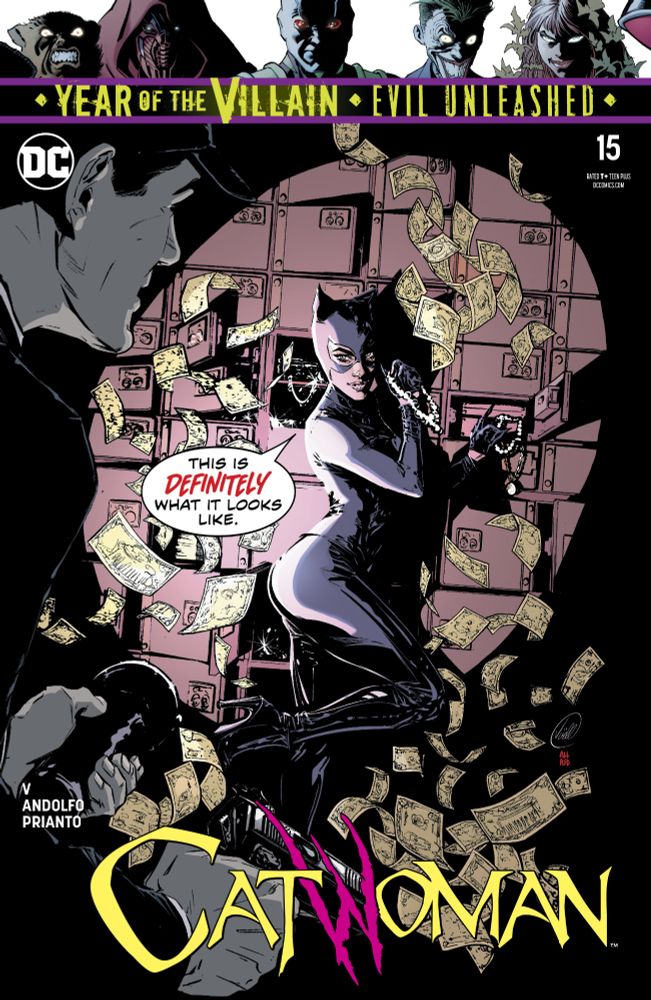 Catwoman #15 cover by Joëlle Jones featuring a police officer catching Catwoman robbing safety deposit boxes.