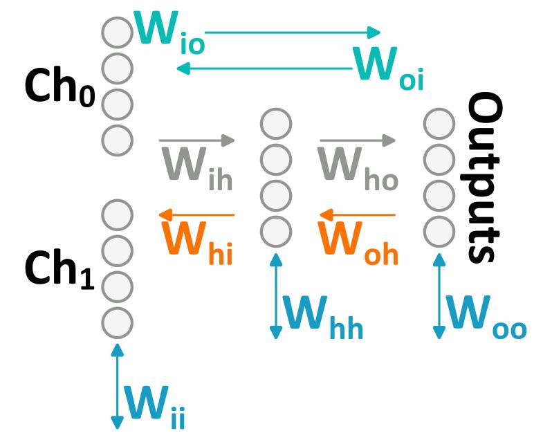 A neural network model with: input, hidden and output nodes, and 9 weight matrices. 