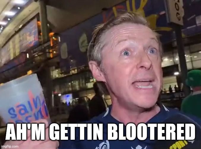 Drunk Scottish fan at the Rugby World Cup joyfully proclaiming "Ah'm gettin blootered" after a match