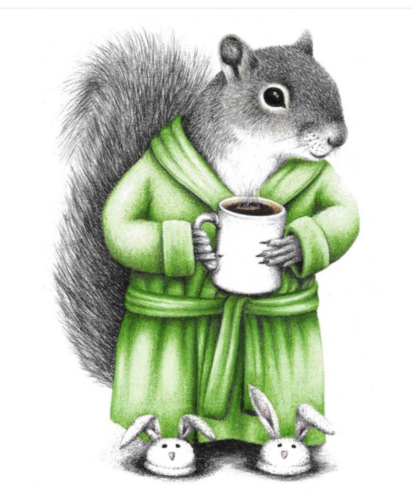 A drawing of a grey squirrel standing in a green bathrobe and white bunny slippers, holding a mug with a steaming brown beverage. 