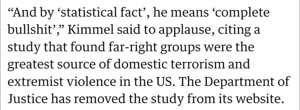Screenshot: “And by ‘statistical fact’, he means ‘complete bullshit’,” Kimmel said to applause, citing a study that found far-right groups were the greatest source of domestic terrorism and extremist violence in the US. The Department of Justice has removed the study from its website.